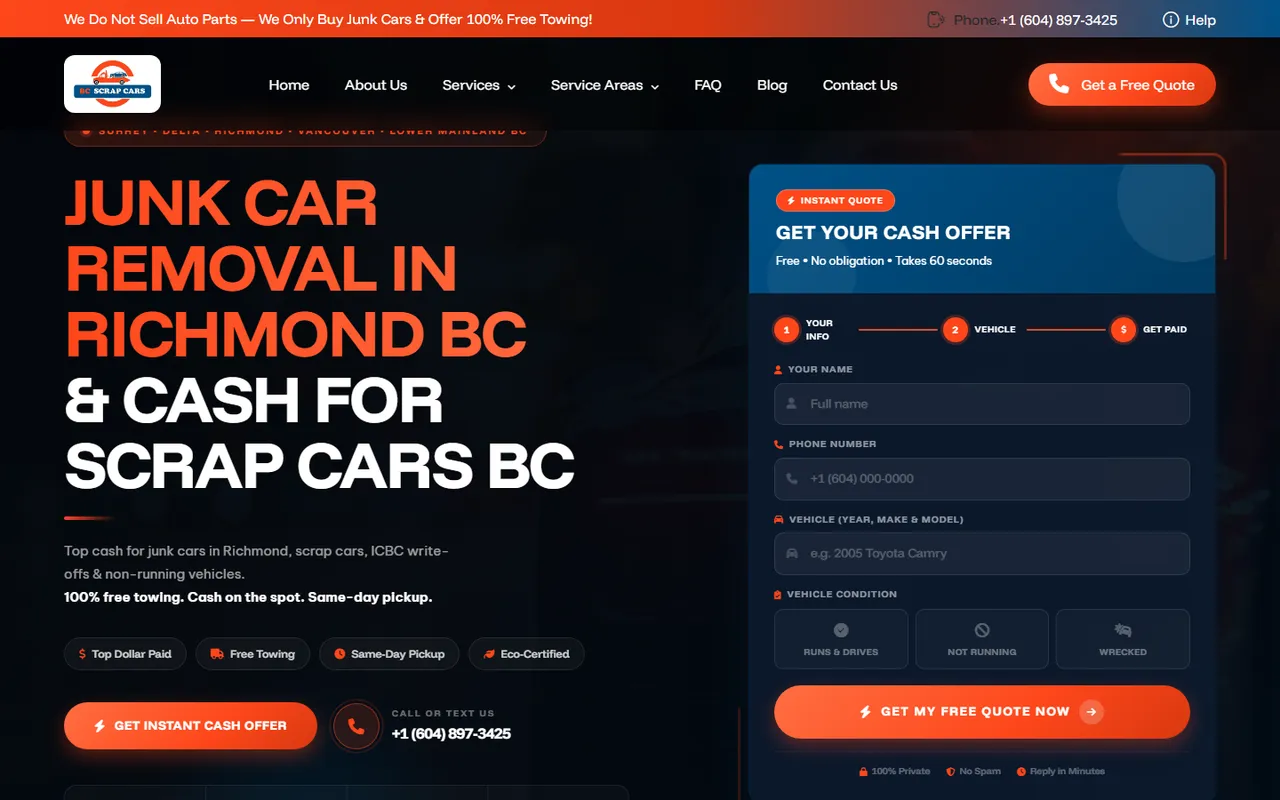 Homepage of bcscrapcars.com, built by Muhammad Adil